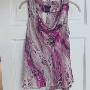 Watercolor print sleeveless cowl-neck blouse